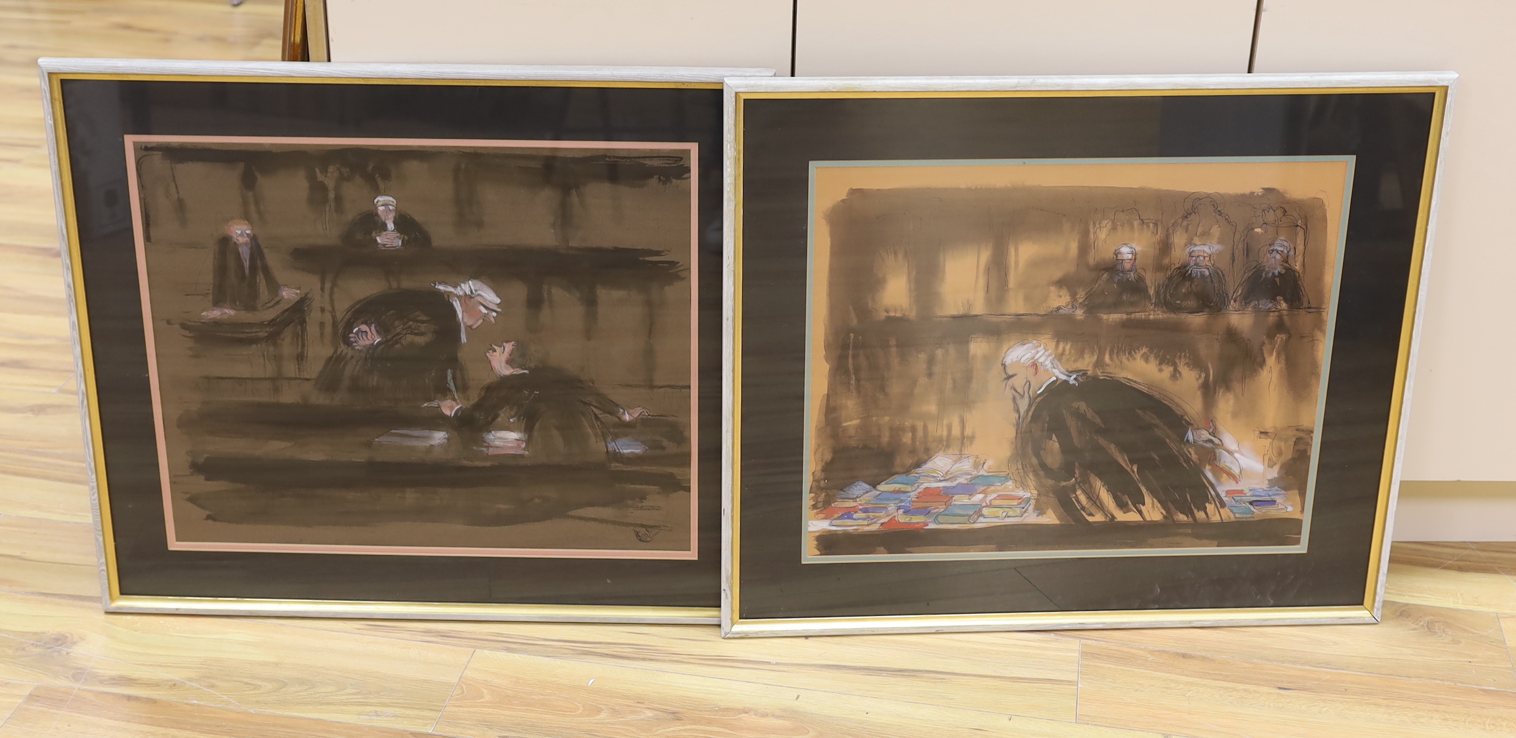 Phyllis Mackenzie (1911-1998), pen, wash and watercolour, ‘Late Instruction’ and ‘Court of Appeal’, labels verso with Marjorie Parr, 285 Kings Road, Chelsea, London label, each 46 x 59cm (2)